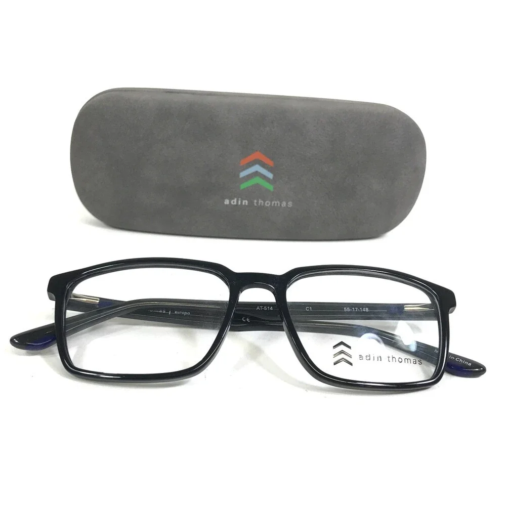 Adin Thomas Eyeglasses Frames AT-514 C1 Shiny Black Rectangle Full Rim 55-17-148